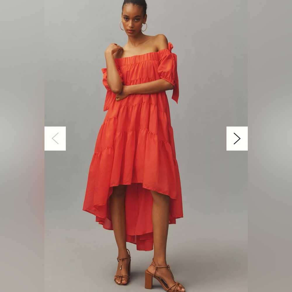 By Anthropologie Off-The-Shoulder Tiered High-Low Midi Dress.
